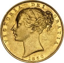 Soberano de Oro 1856 - Victoria Joven con Reverso Escudado (L)