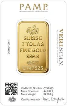 Lingote de Oro de 3 Tola PAMP