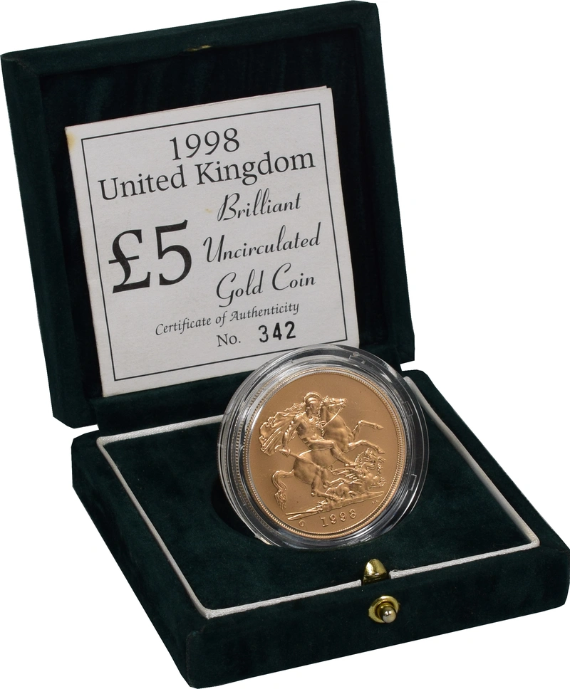 Moneda Soberano Quíntuplo de Oro 1998 en Caja Original - Flor de Cuño Sin Circular