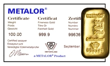 Lingote de Oro de 100 g Fundido Metalor