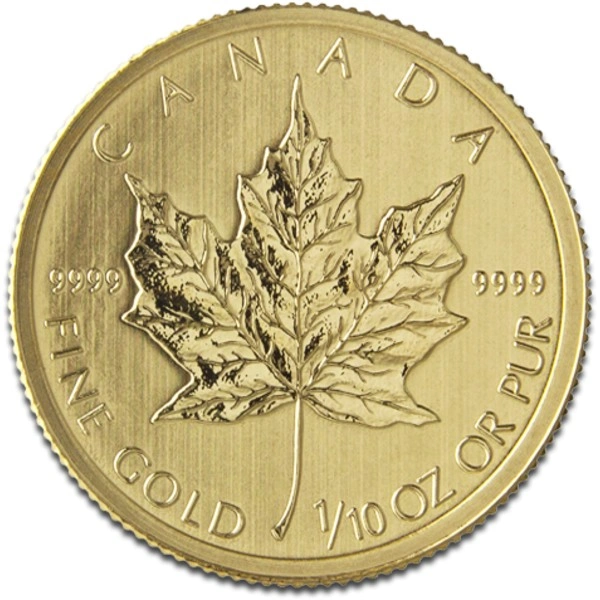 Maple Leaf Canadiense de 1/10 oz de Oro (de Nuestra Elección)