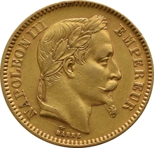 Moneda 20 Francos Franceses Napoleón III Cabeza Laureada