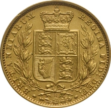 Moneda Soberano de Oro 1883 Victoria Joven con Reverso Escudado (S)
