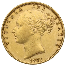 Moneda Soberano de Oro 1877 Victoria Joven con Reverso Escudado (S)