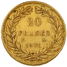 Moneda de 20 Francos Franceses 1831 - Luis Felipe I cabeza descubierta - Letra incusa al borde - A