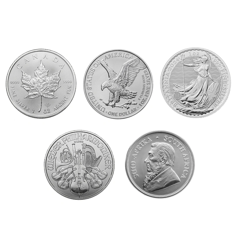 Juego de monedas de Plata de 1 oz 2024: Britannia, Krugerrand, Filarmónica, Águila, Maple Leaf