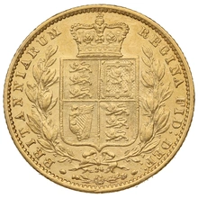 Moneda Soberano de Oro 1865 Victoria Joven con Reverso Escudado (L)