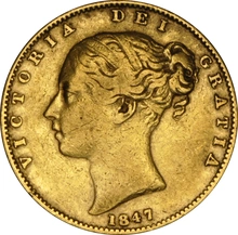 Moneda Soberano de Oro 1847 Victoria Joven con Reverso Escudado (L)