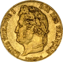Moneda Oro 20 Francos Franceses - Louis-Philippe (Cabeza Laureada)