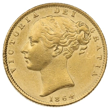 Moneda Soberano de Oro 1864 Victoria Joven con Reverso Escudado (L)