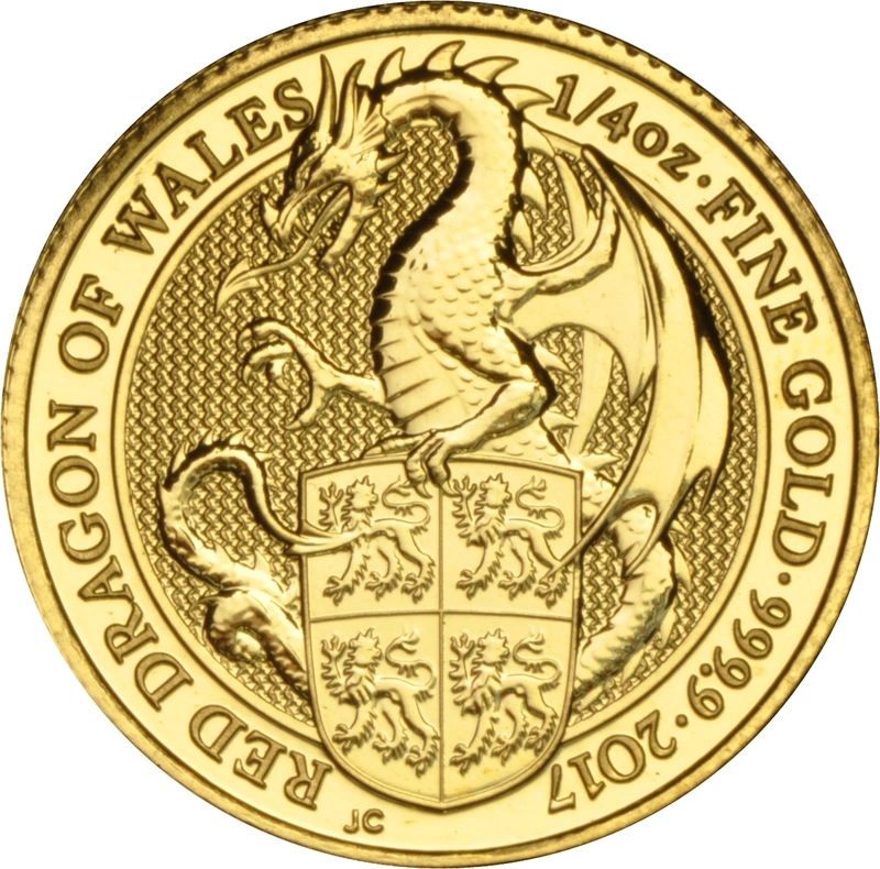 Moneda Bestias de la Reina El Dragón Rojo de Gales de Oro de 1/4 oz