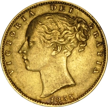 Moneda Soberano de Oro 1855 Victoria Joven con Reverso Escudado (L)