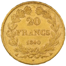 Moneda de 20 Francos Franceses 1840 - Luis Felipe I cabeza laureada