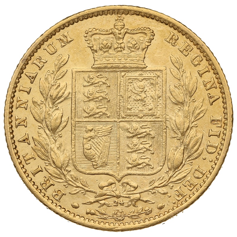 Soberano de Oro 1865 - Victoria Joven con Reverso Escudado (L)