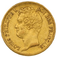 Moneda de 20 Francos Franceses1831- Luis Felipe I cabeza descubierta - Letra incusa al borde - A